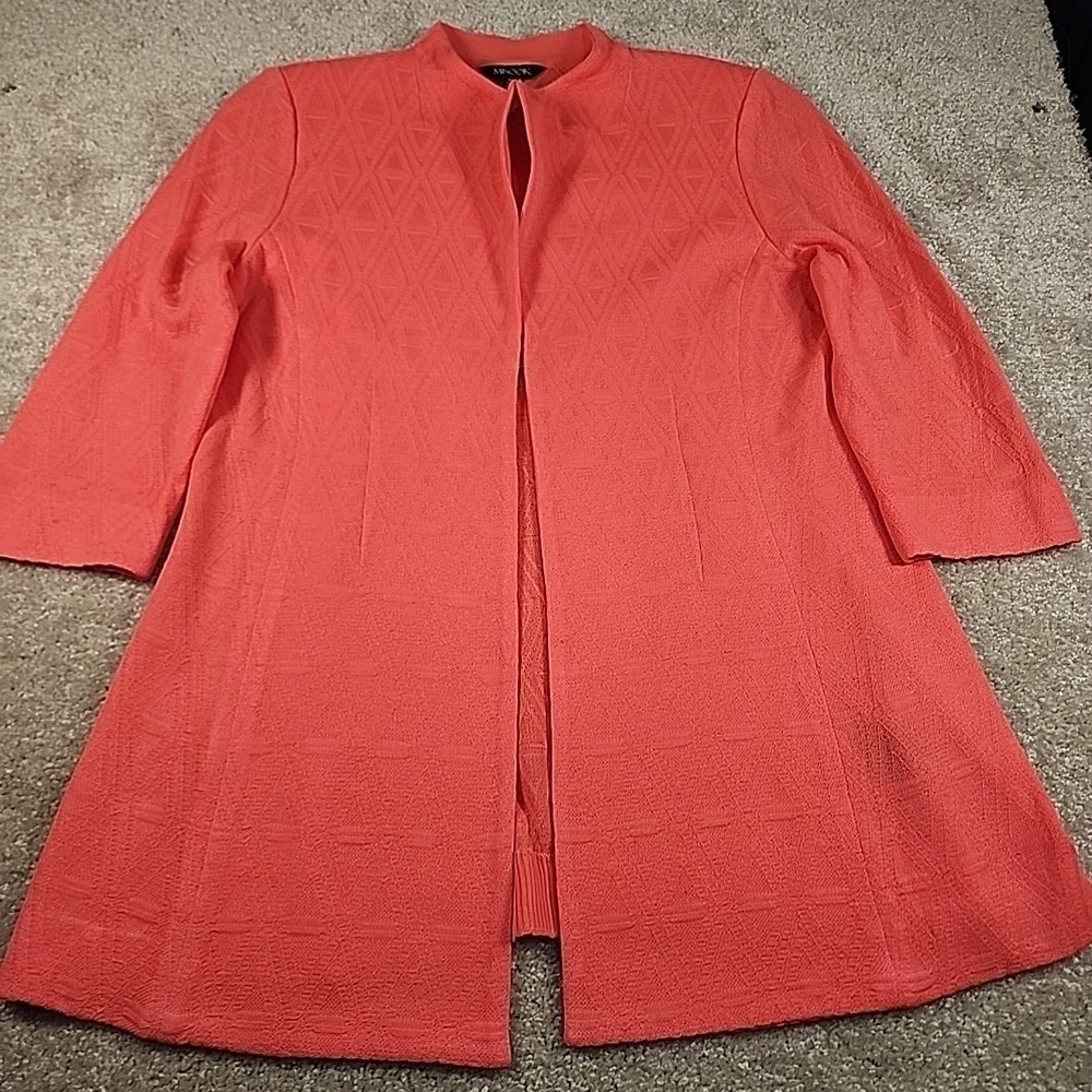 Misook Open Front Cardigan Size PS Diamond Knit Acrylic Blend Long Coral Jacket